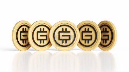 Photo for 5 Stepn Gmt crypto coins seen from several different angles. Illustrative design suitable for Nft and metaverse themes. High quality 3D rendering. - Royalty Free Image