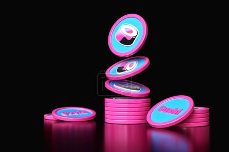 Photo for Sushiswap crypto tokens in motion forming a stack. Illustration suitable for cryptocurrency design themes. High quality 3D rendering - Royalty Free Image