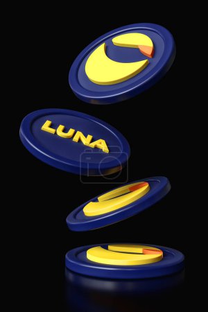 Photo for Terra Luna cryptocurrency tokens in movement on a black background surface. Design suitable for digital asset concepts. High resolution 3D rendering. - Royalty Free Image