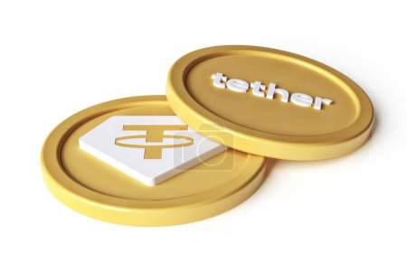 Foto de Tether Gold Xaut fichas que muestran emblema y nombre. Diseño adecuado para conceptos de intercambio de dinero digital. Visualización 3D de alta resolución. - Imagen libre de derechos