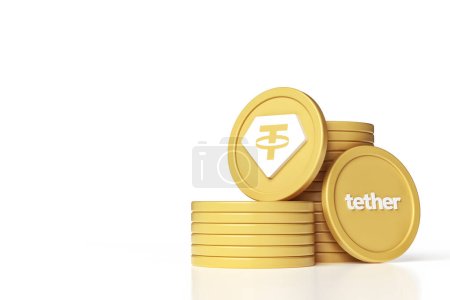Foto de Tether Gold Xaut pilas de criptomonedas que muestran el símbolo y el nombre del activo. Esquema de color oro y blanco y espacio vacío en el lado izquierdo. Renderizado 3D de alta calidad - Imagen libre de derechos
