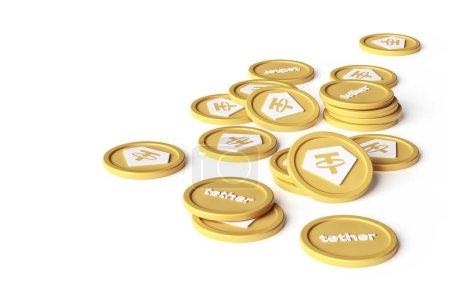 Photo for Tether Gold Xaut tokens randomly scattered on a white surface. Illustration suitable for cryptocurrency design projects, news and ads. High quality 3D rendering. - Royalty Free Image