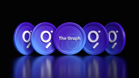 Foto de Set de 5 fichas del altcoin The Graph Grt con diferentes vistas rotacionales sobre una superficie negra. Ilustración adecuada para proyectos de diseño de noticias, anuncios y conceptos criptomoneda. Renderizado 3D. - Imagen libre de derechos