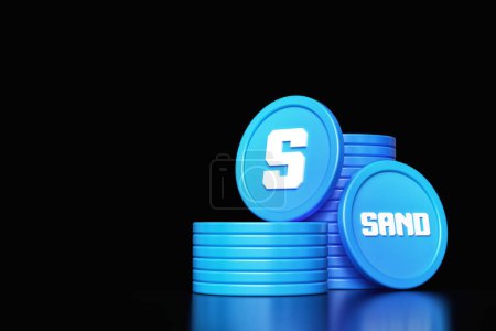 Photo for Set of The Sandbox coin stacks and tokens showing logo and ticker. Illustrative design suitable for cryptocurrency and metaverse gaming concepts. High quality 3D rendering. - Royalty Free Image