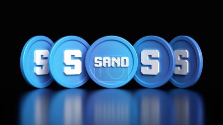 Téléchargez les photos : Les jetons de jeu Sandbox vus de plusieurs angles différents sur un fond noir. Conception illustrative adaptée aux concepts d'actifs métaverses. rendu 3D de haute qualité. - en image libre de droit