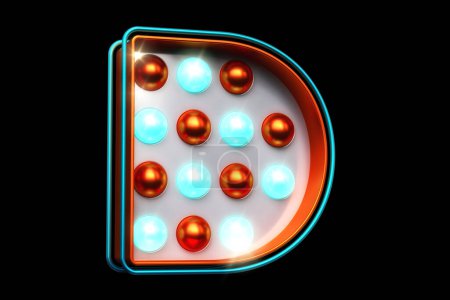 Photo for 3D typeface letter D in metallic orange with bright blue light bulbs. High quality 3D rendering. - Royalty Free Image