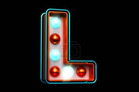 Photo for 3D typeface letter L in copper with blue glowing light bulbs. High quality 3D rendering. - Royalty Free Image