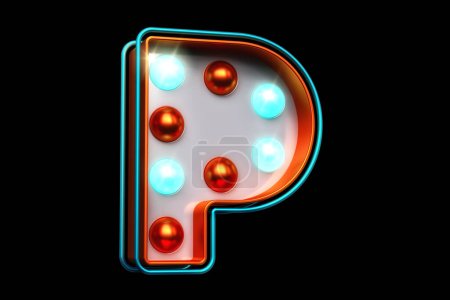 Photo for 3D letter P in metallic orange with blue luminos dots. Retro modern light box typography. High quality 3D rendering - Royalty Free Image