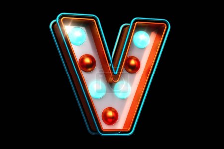 Photo for 3D typeface letter V in copper with glowing blue light bulbs. High quality 3D rendering. - Royalty Free Image