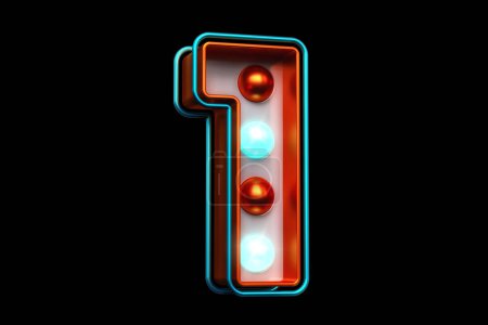 Foto de Ligh bulbo tipografía de la carpa dígito número 1 en cobre naranja y azul. Renderizado 3D de alta calidad. - Imagen libre de derechos