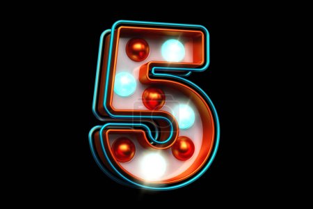 Photo for Lightbox sign typography digit number 5 in shiny orange with blue lights. Striking luminous font. High quality 3D rendering. - Royalty Free Image