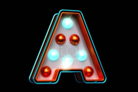 Photo for Orange and blue lighting 3D letter A. Retro style lettering design with light bulbs. High quality 3D rendering. - Royalty Free Image