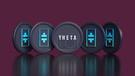 Photo for Theta Network tokens seen from several different angles on a burgundy red background. Illustrative design suitable for blockchain application concepts. High quality 3D rendering. - Royalty Free Image
