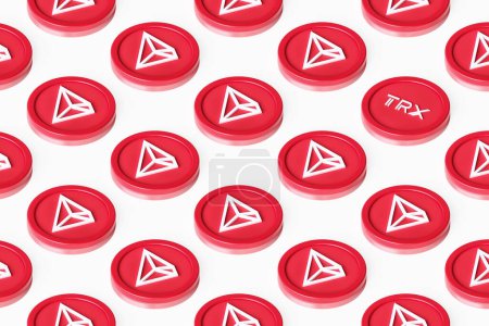 Photo for Tron Trx cryptocurrency tokens arranged on a surface forming rows seen in perspective from above. Suitable for illustrating news, ads and articles. High quality 3D rendering. - Royalty Free Image