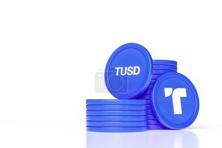 Foto de Conjunto de pilas de monedas y fichas True Usd Tusd que muestran el logotipo y el ticker. Diseño ilustrativo adecuado para conceptos criptomoneda y stablecoin. Renderizado 3D de alta calidad. - Imagen libre de derechos