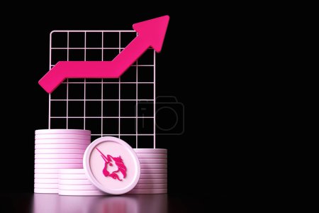 Photo for Uniswap Uni cryptocurrency tokens stacked next to a chart with a bullish arrow, magenta and soft pink corporate color scheme on black background. High quality 3D rendering - Royalty Free Image