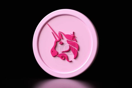 Photo for Uniswap Uni cryptocurrency 3D token icon in pink and magenta isolated on black background. Suitable for illustrating altcoins design concepts. High quality 3D rendering. - Royalty Free Image