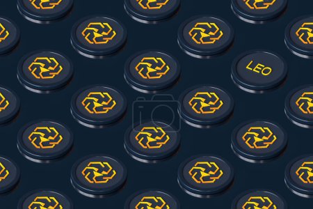 Photo for Unus Sed Leo cryptocurrency tokens arranged on a surface forming rows seen in perspective from above. Suitable for illustrating news, ads and articles. High quality 3D rendering. - Royalty Free Image