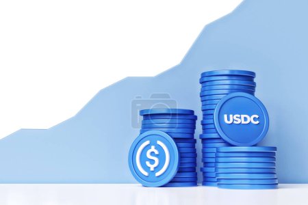 Set of Usd coin Usdc stablecoins stacked in front of an bullish tendency line.  Design suitable for cryptocurrency concepts. High quality 3D rendering.