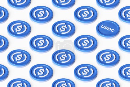 Photo for Usdc Usd Coin cryptocurrency stablecoin tokens arranged on a surface forming a row pattern seen in perspective from above. Suitable for illustrating news, ads and articles. High quality 3D rendering. - Royalty Free Image