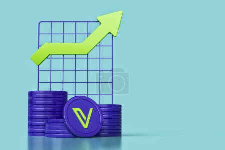 Vechain Vet cryptocurrency tokens stacked next to a chart with an uptrend arrow. Design suitable for illustrating concepts of altcoins investments. High quality 3D rendering.