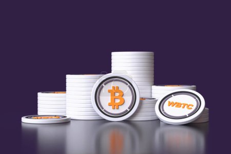 Photo for Pile of Wrapped Bitcoin Wbtc coins in various stacks. Design suitable for cryptocurrency and digital asset concepts. High quality 3D rendering. - Royalty Free Image