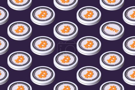 Photo for Wrapped Bitcoin Wbtc cryptocurrency tokens arranged on a surface forming rows seen in perspective from above. Suitable for illustrating news, ads and articles. High quality 3D rendering. - Royalty Free Image