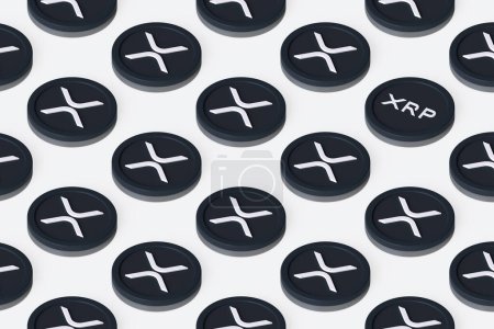Photo for Xrp cryptocurrency tokens arranged on a surface forming a row pattern seen in perspective from above. Suitable for illustrating news, ads and articles. High quality 3D rendering. - Royalty Free Image