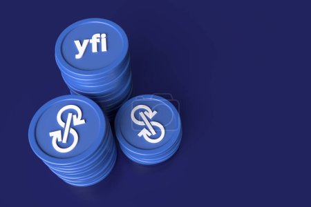 Téléchargez les photos : Yfi YearFinance piles de pièces vues d'en haut. Conception adaptée aux concepts de crypto-monnaie. rendu 3D de haute qualité. - en image libre de droit