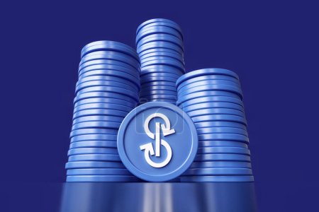 Photo for Stacked cryptocurrency stacks from Yearn Finance on a dark blue background, lower viewing angle.  Suitable for digital asset concepts. High quality 3D rendering. - Royalty Free Image