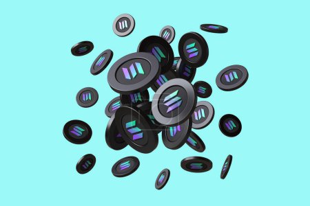 Photo for Solana Sol altcoin dispersion of floating tokens. Graphic resource suitable for illustrating ads and news about cryptocurrency. High quality 3D rendering. - Royalty Free Image
