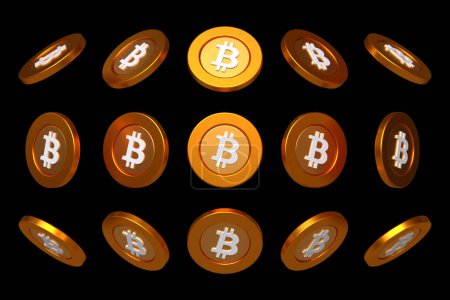 Foto de Conjunto de fichas aisladas de Bitcoin Btc criptomoneda desde diferentes ángulos. Ideal para componer imágenes dinámicas para conceptos de activos digitales y blockchain. Renderizado 3D de alta calidad - Imagen libre de derechos