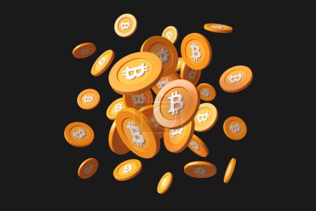 Photo for Bitcoin Btc dispersion of floating coins. Graphic resource suitable for illustrating ads and news about cryptocurrency. High quality 3D rendering - Royalty Free Image