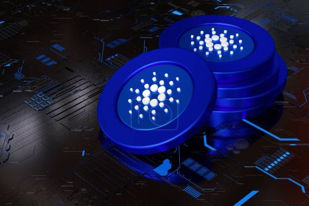 Photo for Cardano Ada tokens on a electronic circuit board in black with bright blue lights. Design suitable to illustrate cryptocurrency and altcoin concepts. High quality 3D rendering - Royalty Free Image