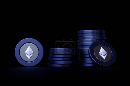 Téléchargez les photos : Ethereum Eth piles de pièces de monnaie crypto-monnaie sur fond sombre. Design adapté pour illustrer les concepts altcoin et blockchain. rendu 3D de haute qualité - en image libre de droit