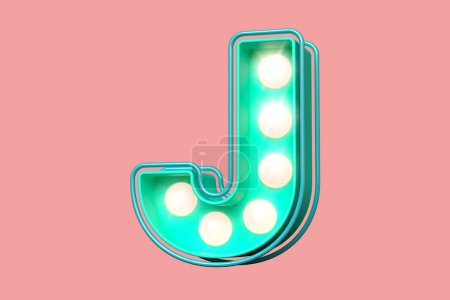 Photo for Circus marquee typeface letter J in teal with soft pink light dots. Attractive luminous font of light bulbs. High quality 3D rendering. - Royalty Free Image