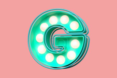 Foto de Fuente 3D marquee en verde azulado y rosa claro. Atractiva letra brillante G con diseño de bombillas. Renderizado 3D de alta calidad - Imagen libre de derechos