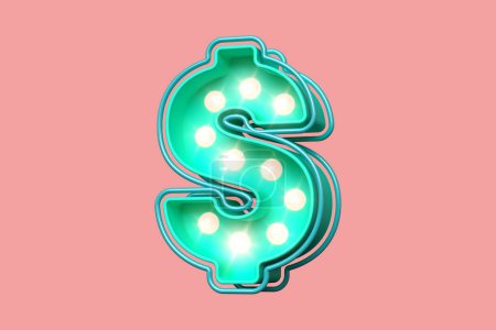 Téléchargez les photos : Symbole Dollar 3D en vert aqua et rose doux. Fonte light bulb marquee. rendu 3D de haute qualité - en image libre de droit