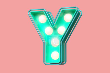 Photo for 3D neon dots alphabet letter Y in teal and soft pink. Attractive bright bulb font. High quality 3D rendering. - Royalty Free Image