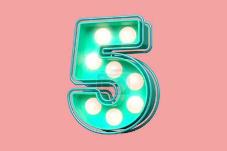 Foto de Lightbox signo tipografía dígito número 5 en verde azulado con luces de color rosa suave. Impresionante fuente luminosa. Renderizado 3D de alta calidad. - Imagen libre de derechos