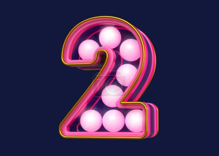 Photo for Eye catching 3D number 2 in fluorescent pink and blue. Bulb marquee style font. High quality 3D rendering. - Royalty Free Image