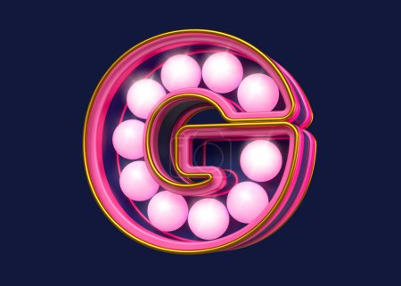 Foto de Fuente Marquee en rosa y azul marino. Atractiva letra G con diseño de bombillas. Renderizado 3D de alta calidad. - Imagen libre de derechos