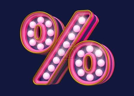 Marquee light bulbs font percent symbol in fluorescent pink and blue. High quality 3D rendering.