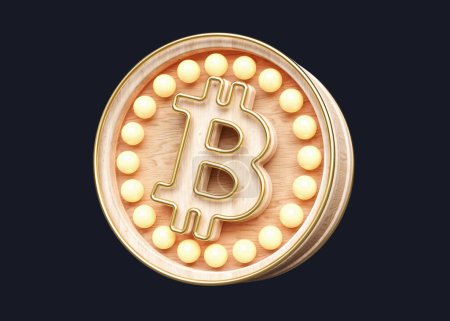 Foto de Wooden Bitcoin Btc logo 3D lightbox. Renderizado 3D de alta calidad. - Imagen libre de derechos