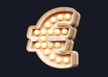 Téléchargez les photos : Marquee typographie Euro symbole en bois avec des ampoules chaudes. rendu 3D de haute qualité. - en image libre de droit