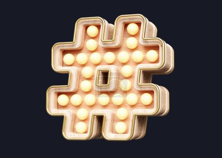 Téléchargez les photos : Marquee typographie hashtag symbole en bois avec des ampoules chaudes jaune doux. rendu 3D de haute qualité. - en image libre de droit