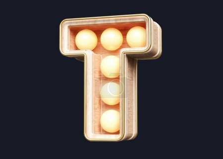 Photo for Marquee 3D letters character T made of wood and gold. Attractive luminous font of warm light bulbs. High quality 3D rendering. - Royalty Free Image