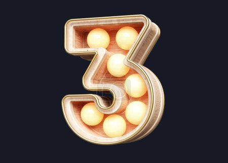Photo for Wooden 3D font with light bulbs digit number 3. High quality 3D rendering. - Royalty Free Image
