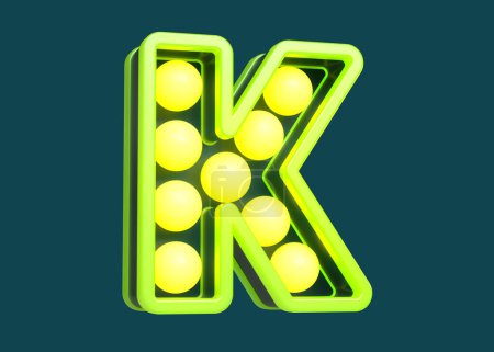 Photo for Lightbox 3D letter K in green and yellow. Flashy lettering design with light bulbs. High quality 3D rendering - Royalty Free Image
