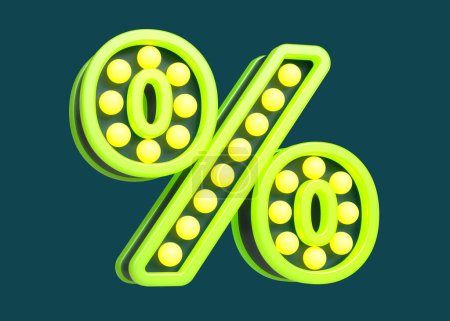 Marquee light bulbs font percent symbol in fluorescent yellow and green. High quality 3D rendering.